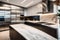 A photograph capturing a sleek, minimalist modern kitchen bathed in natural light,