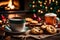 A photograph capturing the warm hues of freshly baked Christmas cookies sitting next to a steaming cup of coffee, evoking cozy