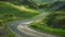 A photograph capturing a winding road as it curves through a vibrant green hillside in a rural setting, A winding road leading