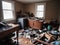 Photograph of a cluttered living space filled with trash debris broken furniture