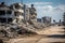 A photograph depicting a street completely covered in rubble and debris, Destroyed buildings in Gaza town of Gaza strip in Israel