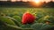 The photograph depicts a close-up of a succulent strawberry nestled within the lush grass