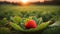 The photograph depicts a close-up of a succulent strawberry nestled within the lush grass, set against the backdrop of a