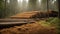 The photograph depicts a sawmill nestled within the heart of a lush forest, where the rhythmic sounds of saws echo through the