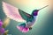 photograph of flying hummingbird blue green color. ai generative