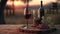 photograph of a glass of wine with a bottle of red wine, grapes above a wooden table at sunset, generative ai