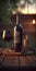 photograph of a glass of wine with a bottle of red wine, grapes above a wooden table at sunset, generative ai