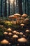 photograph of a group of mushrooms illuminated with sunlight in the forest