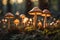 photograph of a group of mushrooms illuminated with sunlight in the forest