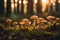 photograph of a group of mushrooms illuminated with sunlight in the forest