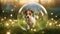 photograph of Happy jack russell pet dog puppy running in the grass in a glass ball