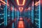 A photograph of a long hallway in a data center filled with rows of servers, A futuristic data center with glowing servers, AI