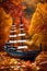 A Photograph of a meticulously crafted model ship sailing through a sea of vibrant autumn leaves, capturing the essence of time