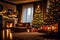 A Photograph of a modern living room adorned with a Christmas tree, casting a warm glow on a cozy space filled with cherished