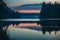 A Photograph of a placid lake at twilight, its surface like opalescent glass reflecting the serene colors of a fading horizon