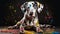 A photograph of a playful Dalmatian puppy covered in painting splash. Generative AI