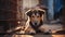 Photograph of poor abandoned dog in an old cage. Behind rusty bars.