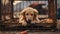 Photograph of poor abandoned dog in an old cage. Behind rusty bars.