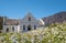 Photograph of the restored whitewashed, gabled Dutch Reformed Church in the main street in Franschhoek, South Africa