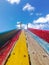 Photograph of a slide seen from below towards the sky