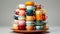 Photograph a stack of colorful tea cups with matching saucers, arranged neatly agains