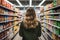 Photograph Taken From Behind Young American Woman As She Shops For Groceries And Food Products In We