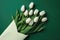 Photograph Of Top View Of Copy Space And Green Envelope And Bouquet Of White Tulips With Copy Paste Green Background. Generative