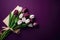 Photograph Of Top View Of Copy Space And Purple Envelope And Bouquet Of White Tulips With Copy Paste Purple Background. Generative