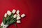 Photograph Of Top View Of Copy Space And Red Envelope And Bouquet Of White Tulips With Copy Paste Red Background. Generative AI