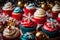 A Photograph of vibrant Christmas cupcakes arranged in a festive display