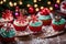 A Photograph of vibrant Christmas cupcakes arranged in a festive display,