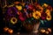 A Photograph of vibrant fall-hued flowers delicately arranged in a cornucopia-shaped vase, evoking a vivid sense of abundance and