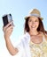 Photographer, happy woman or camera selfie in holiday location, summer vacation or Germany sightseeing break. Smile