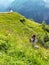 Photographer, high in the mountains conducts a wedding photo session