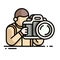 Photographer icon. Vector illustration of a photographer holding a big dslr or mirrorless camera.