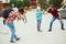 A photographer journalist shoot how young father and son bump elbows. New greeting style with elbows. Coronavirus quarantine