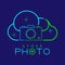 Photographer logo icon outline stroke in cloud frame made from neck strap camera design illustration isolated on dark blue