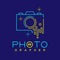 Photographer logo icon outline stroke with melt camera design illustration isolated on dark blue background with Photographer text