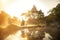 Photographer in love at the sunrise behind hot spring,