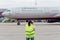 Photographer makes photo of Airbus A330 of Aeroflot Airlines on airfield. Plane spotting, hobby, aviation