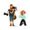 Photographer man and woman journalist or paparazzi with camera vector flat icons