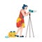 Photographer or reporter woman using camera cartoon vector illustration isolated.