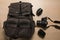 Photographer`s backpack with digital photo camera and replaceabl