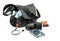 Photographer`s kit, photo bag with accessories: lenses, charger, cleaning kit, filter