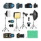 Photographer Tools Set Vector. Photography Objects. Photo Equipment Design Elements, Accessories. Modern Digital Cameras