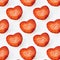 Photographic collage, seamless pattern with Isolated heart shape red strawberry cut in half on a white background. Macro