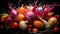 Photographic still life of onions and tomatoes in water