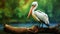 Photographic Style Pelican On Wood Branch With Green Background