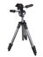 Photographic tripod, isolated on a white background, aluminum, lightweight, compact, for travel, panoramic tripod