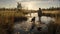 Photographically Detailed Australian Landscape: Dog Walking In Swamp At Sunrise